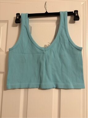 Mono B Ribbed V-Neck Crop Tank - Aqua Blue